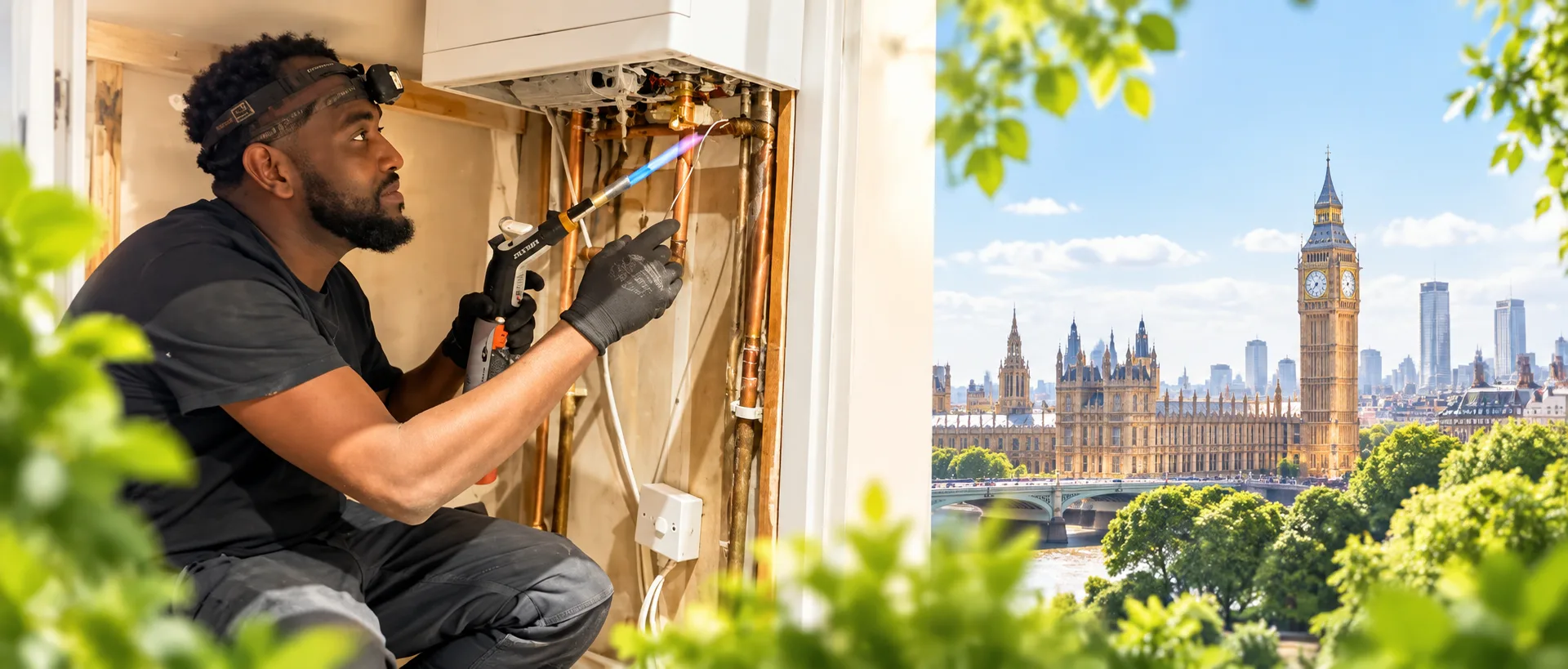 Hey Boiler engineer soldering a copper pipe joint during a boiler repair
