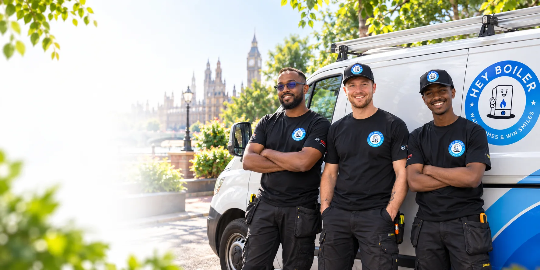 Hey Boiler's team of engineers standing in front of a Hey Boiler branded van, with the Houses of Parliament in the background